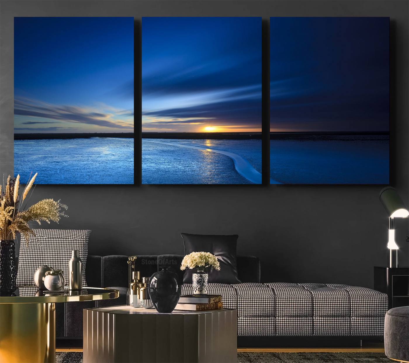 65405-MGV-CV-60X30-3P-Deep Blue Ocean Sunset Canvas Art, Serene Coastal Sunset Print, Ocean Horizon and Sunset Wall Art