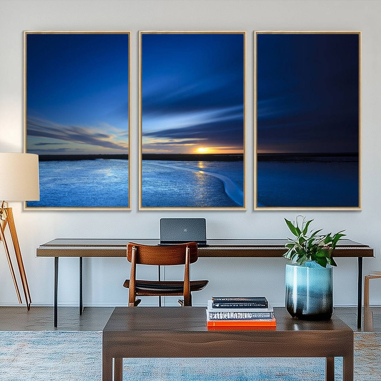 65405-MGV-FC-48X32-3P_Natural-Deep Blue Ocean Sunset Canvas Art, Serene Coastal Sunset Print, Ocean Horizon and Sunset Wall Art