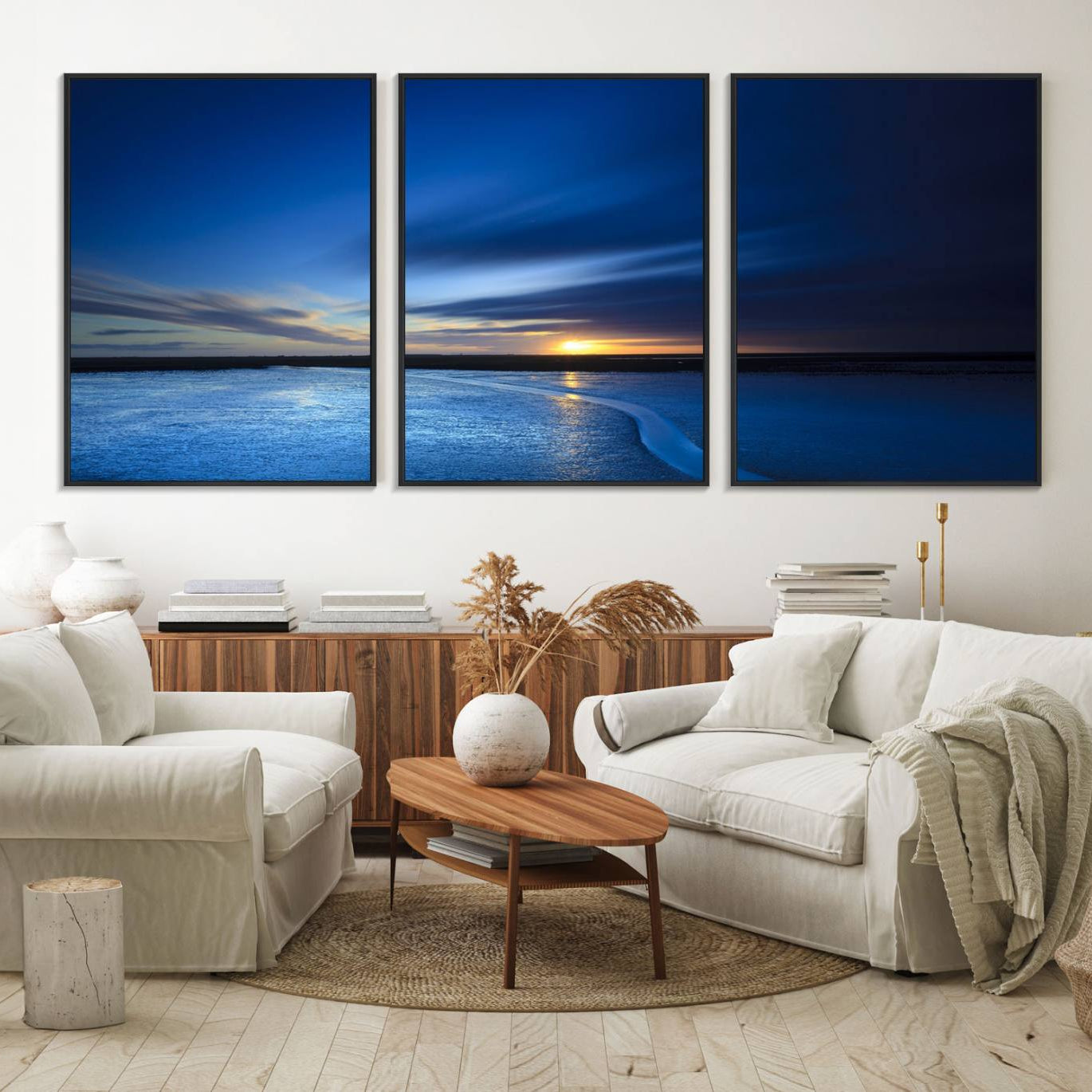 65405-MGV-FC-60X30-3P_Black-Deep Blue Ocean Sunset Canvas Art, Serene Coastal Sunset Print, Ocean Horizon and Sunset Wall Art