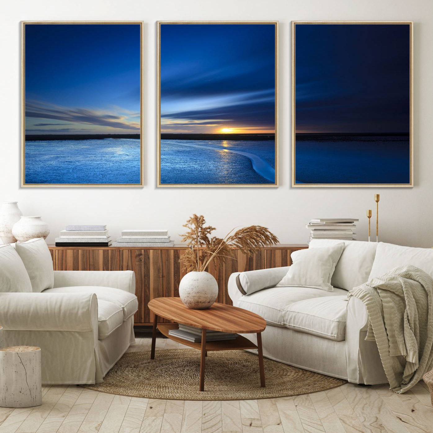 65405-MGV-FC-60X30-3P_Natural-Deep Blue Ocean Sunset Canvas Art, Serene Coastal Sunset Print, Ocean Horizon and Sunset Wall Art
