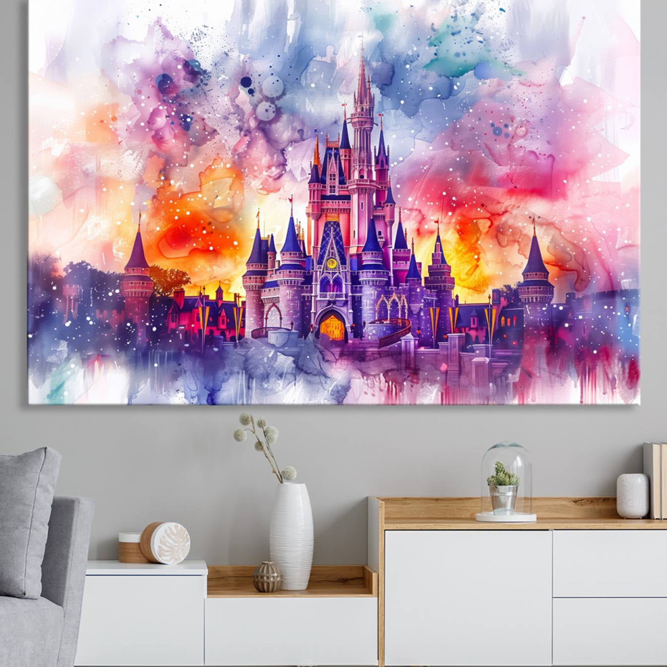 24602-MGV-CV-36X24-Disney Wall Art, Cinderella Castle Disney Print Wall Art, Kids Art, Disneyland Poster, watercolor