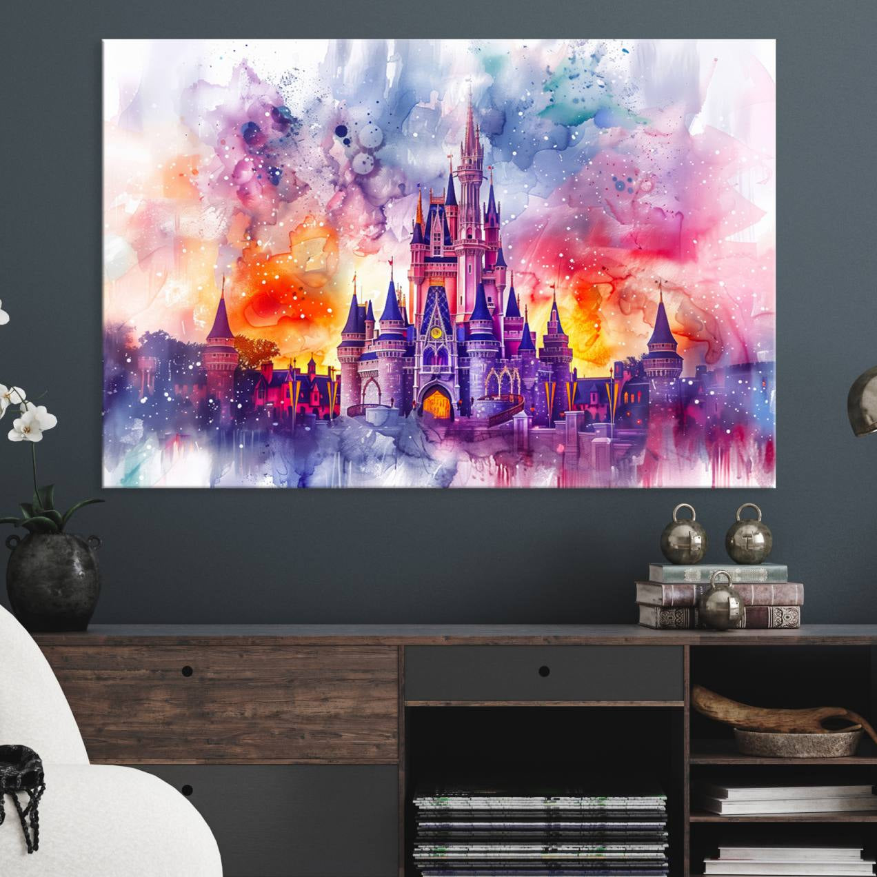 24602-MGV-CV-36X24-Disney Wall Art, Cinderella Castle Disney Print Wall Art, Kids Art, Disneyland Poster, watercolor