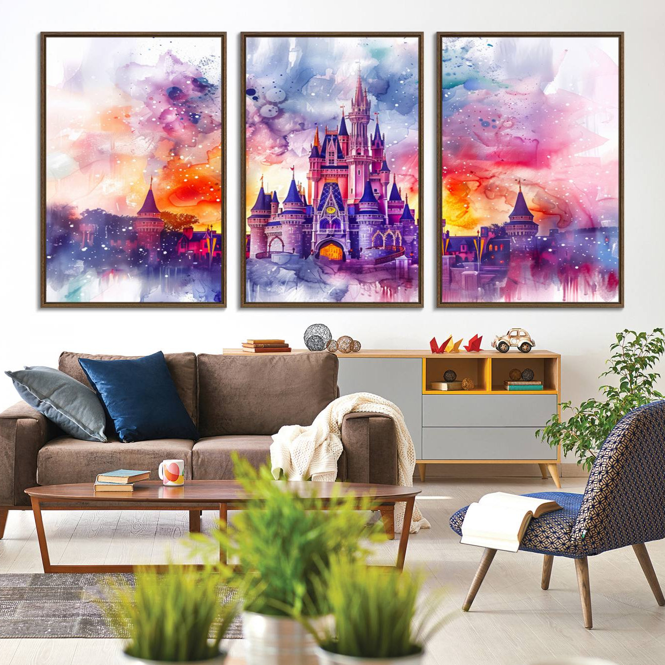 24602-MGV-FC-60X30-3P_Walnut-Disney Wall Art, Cinderella Castle Disney Print Wall Art, Kids Art, Disneyland Poster, watercolor