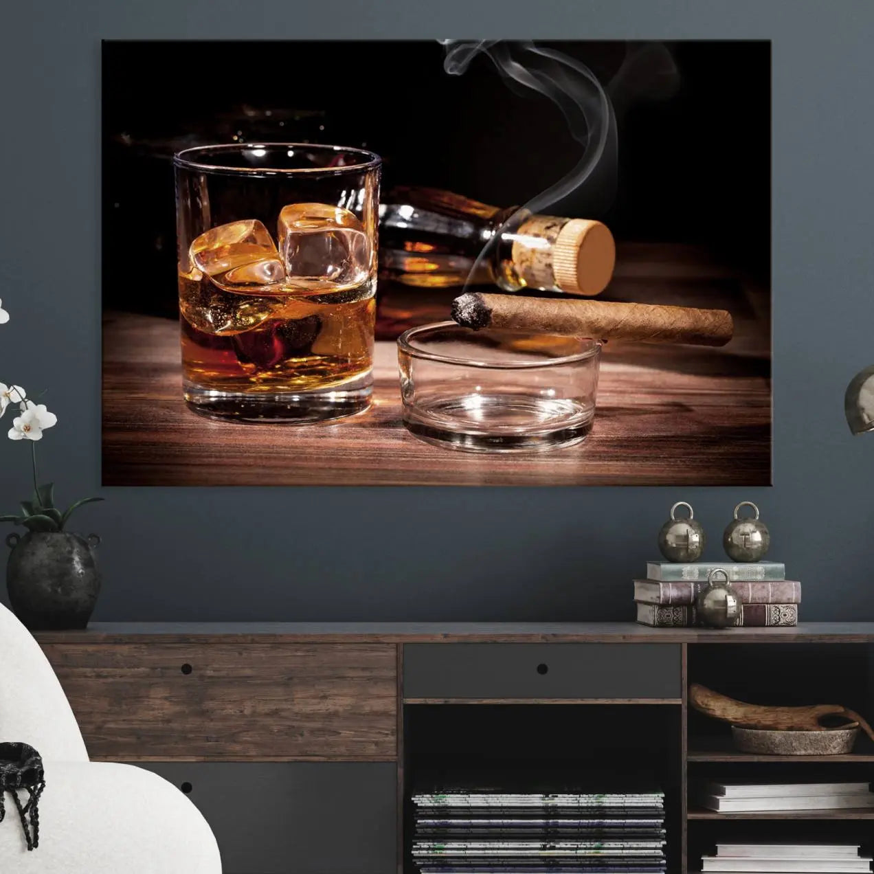 64344-MGV-CV-36X24-Elegant Whiskey Art Canvas Print Whiskey Printing Cuban Cigars Art Wall Art