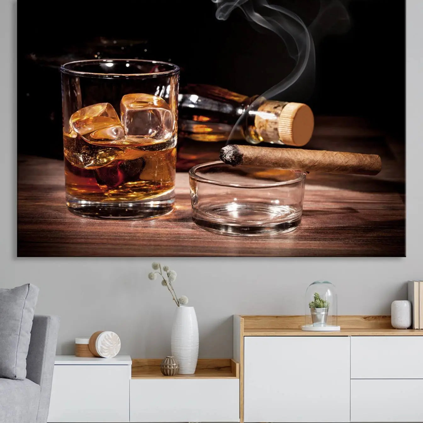 64344-MGV-CV-36X24-Elegant Whiskey Art Canvas Print Whiskey Printing Cuban Cigars Art Wall Art