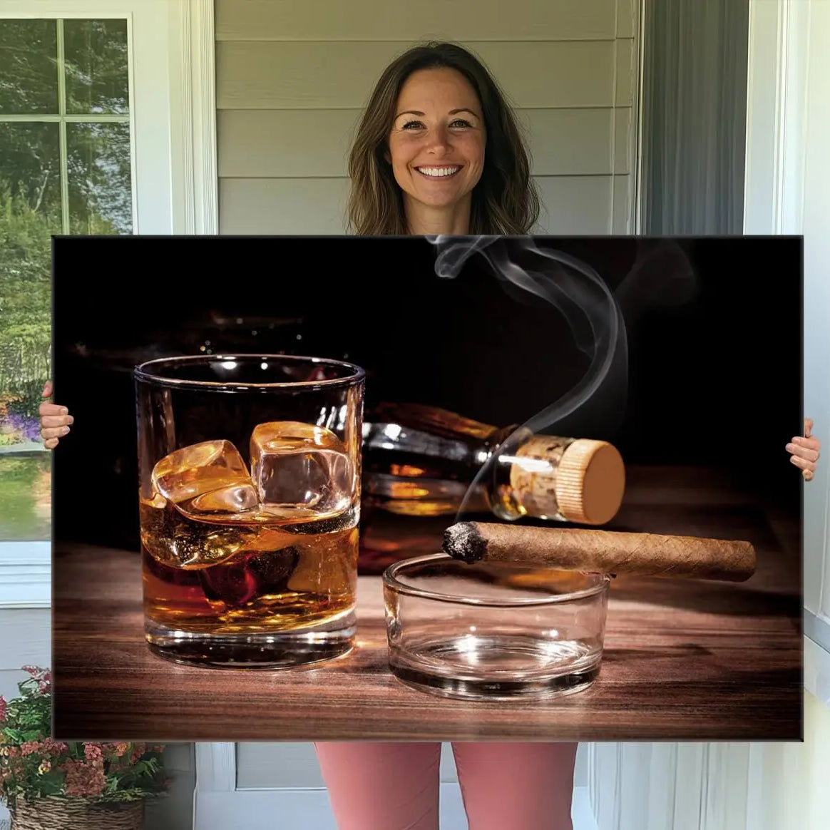 64344-MGV-CV-36X24-Elegant Whiskey Art Canvas Print Whiskey Printing Cuban Cigars Art Wall Art