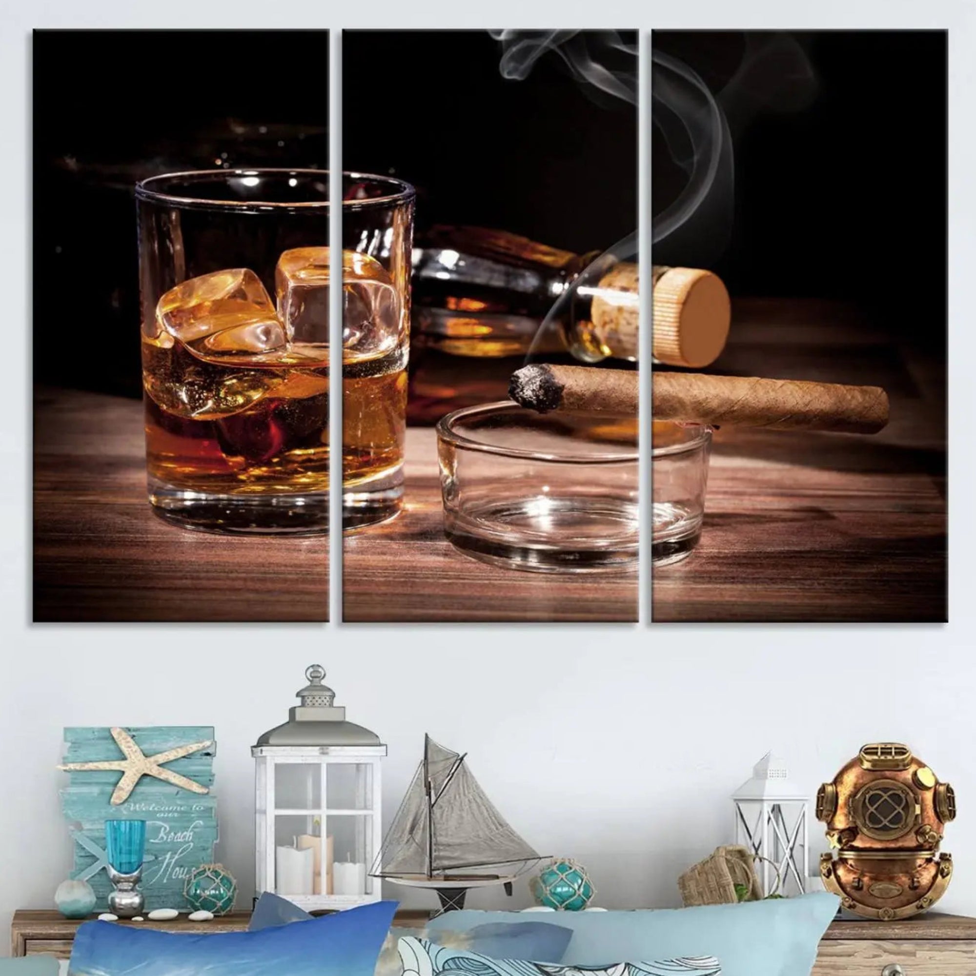64344-MGV-CV-48X32-3P-Elegant Whiskey Art Canvas Print Whiskey Printing Cuban Cigars Art Wall Art