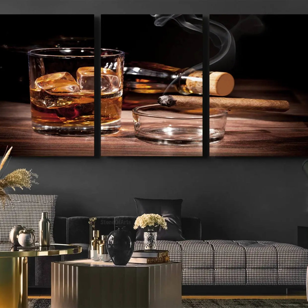 64344-MGV-CV-60X30-3P-Elegant Whiskey Art Canvas Print Whiskey Printing Cuban Cigars Art Wall Art
