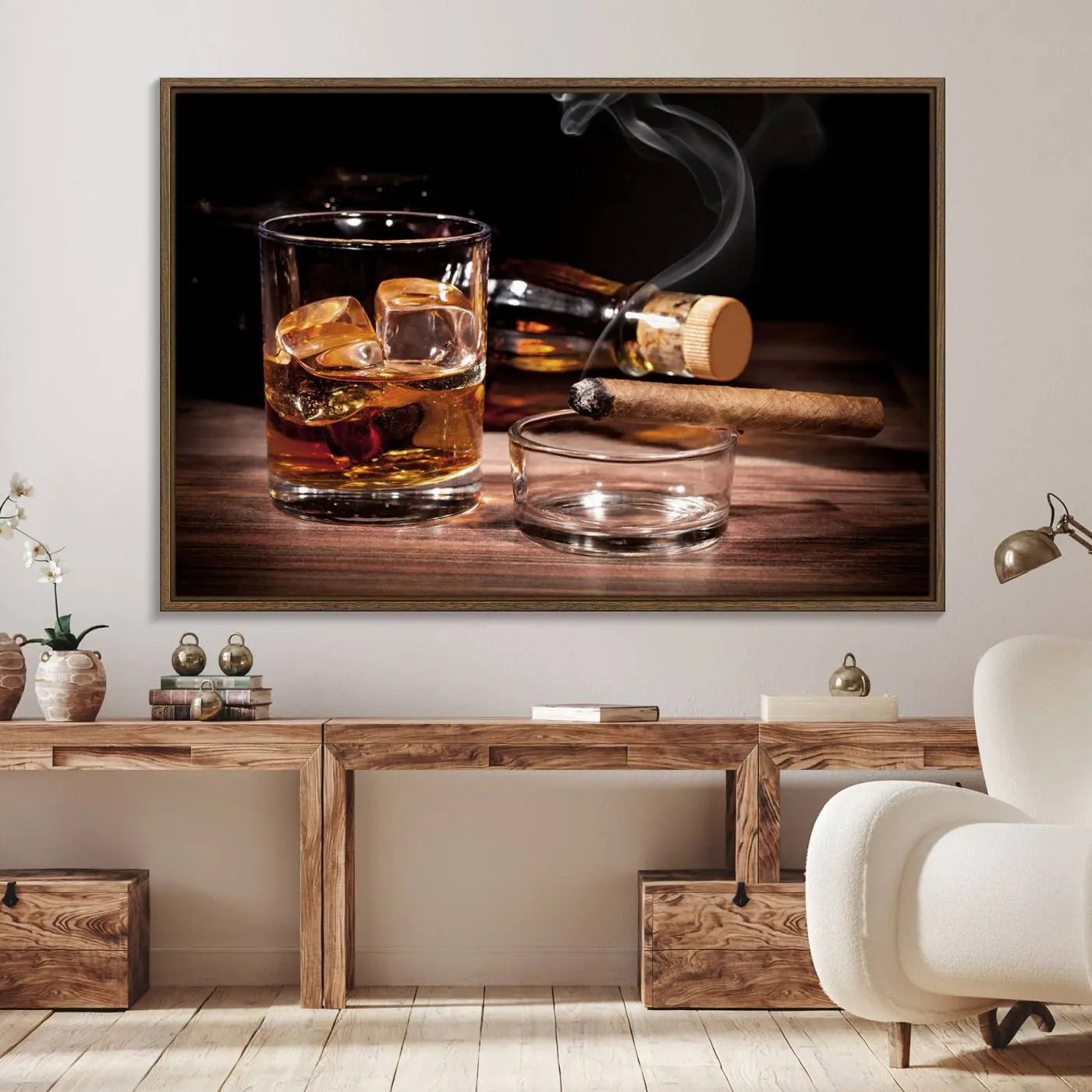 64344-MGV-FC-36X24_Walnut-Elegant Whiskey Art Canvas Print Whiskey Printing Cuban Cigars Art Wall Art