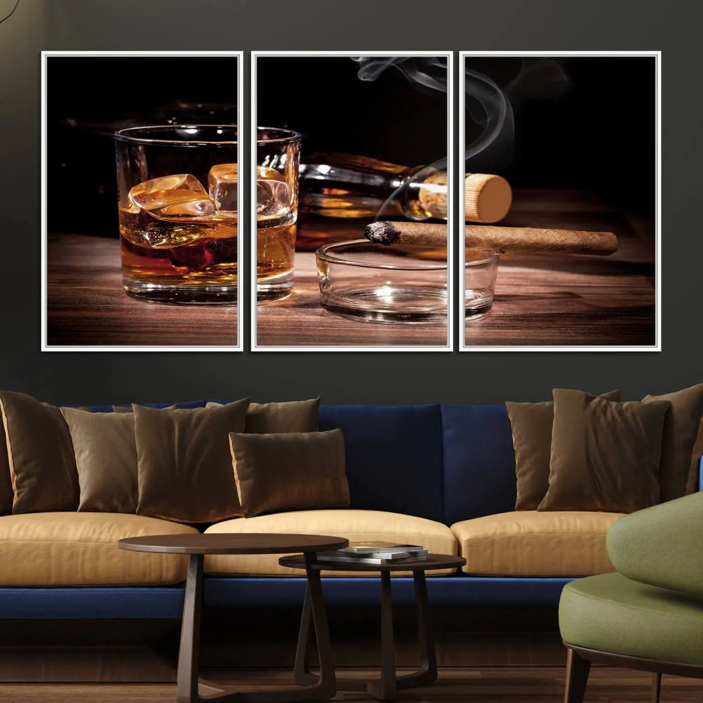 64344-MGV-FC-60X30-3P_White-Elegant Whiskey Art Canvas Print Whiskey Printing Cuban Cigars Art Wall Art