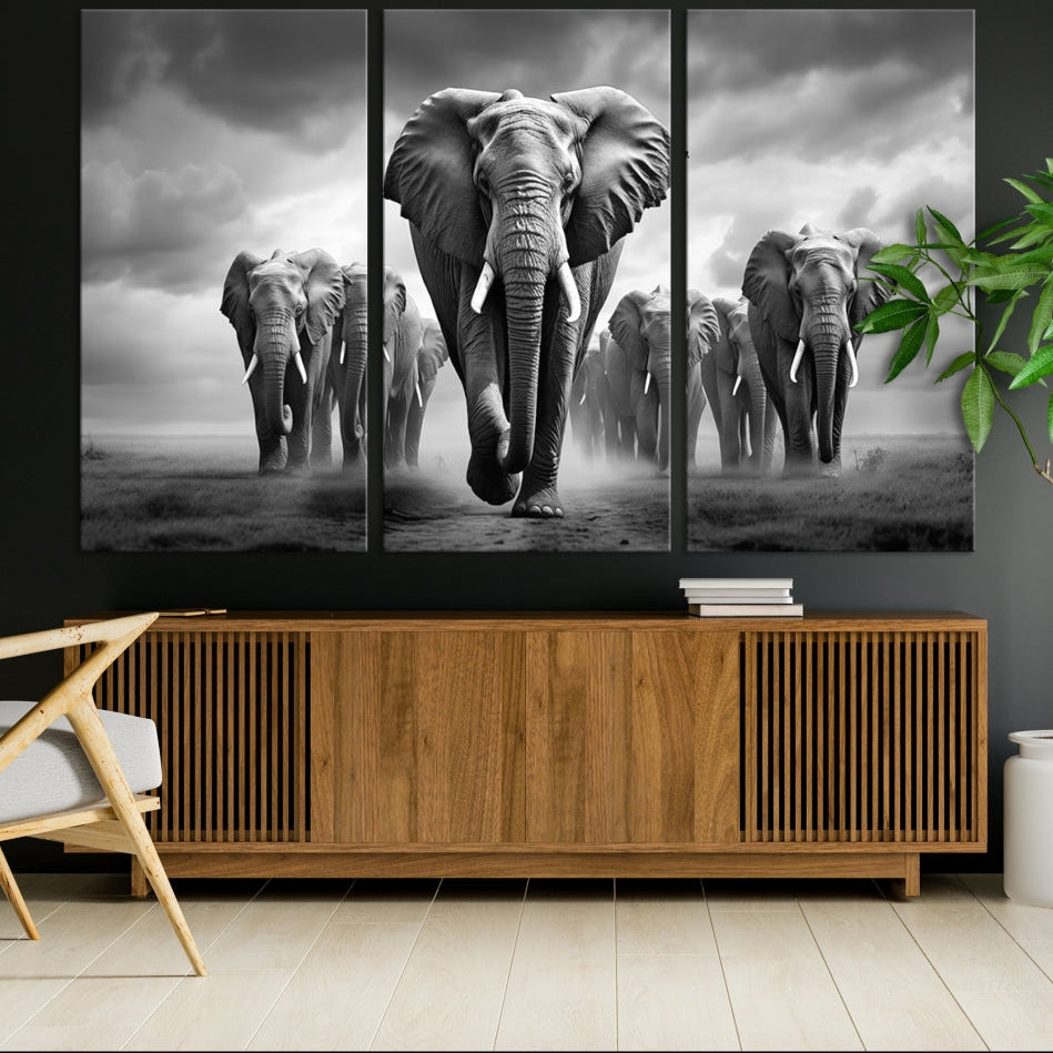 -Elephant Family Wall Art Canvas Print, Framed Elephant Wall Art Print Canvas