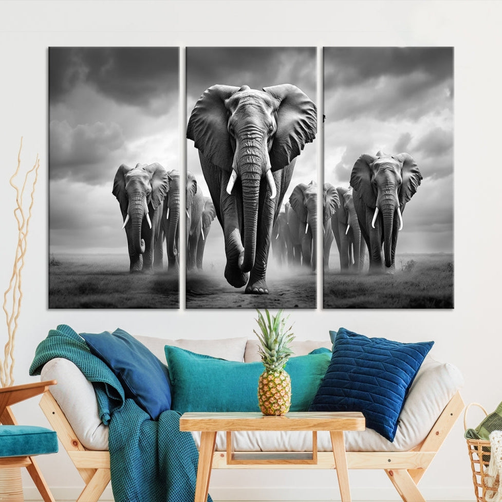 -Elephant Family Wall Art Canvas Print, Framed Elephant Wall Art Print Canvas