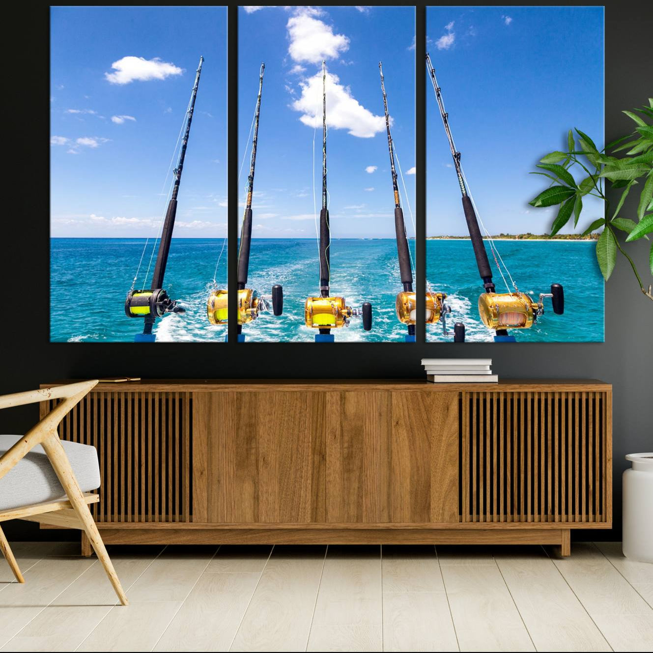 -Fishing Roads on Boat Canvas Wall Art Print Ocean Seascape Art Print