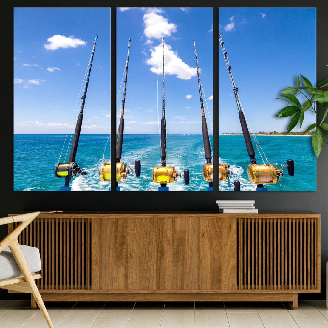Fishing Rods on Boat Canvas Wall Art Print, Ocean Seascape Art Print
