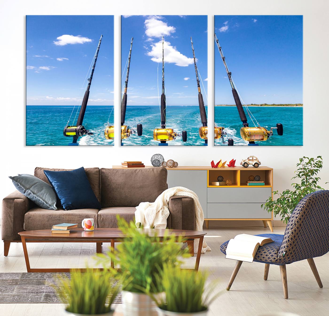 -Fishing Roads on Boat Canvas Wall Art Print Ocean Seascape Art Print