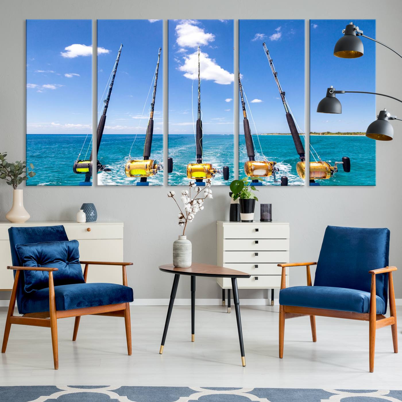 -Fishing Roads on Boat Canvas Wall Art Print Ocean Seascape Art Print