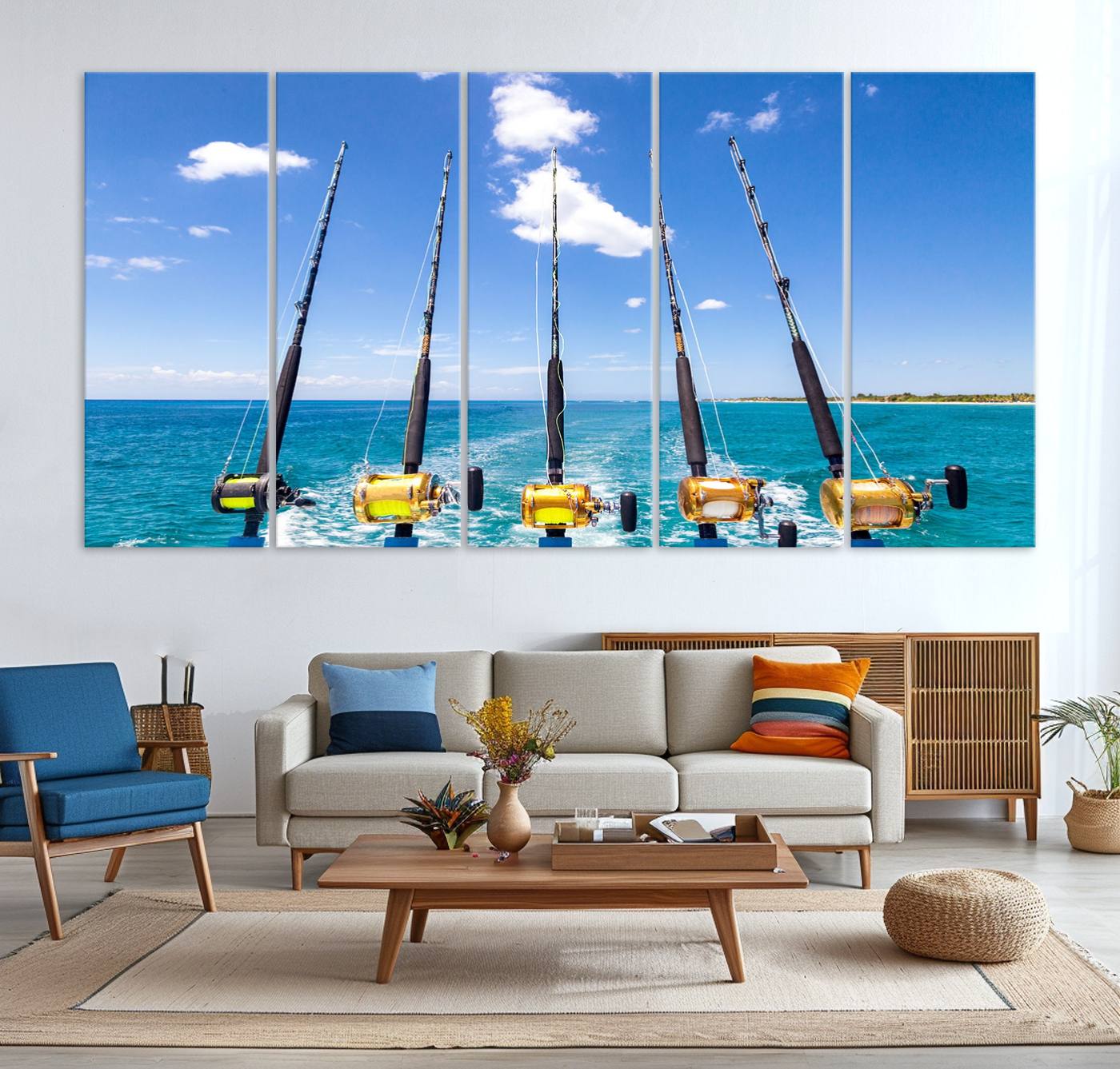 -Fishing Roads on Boat Canvas Wall Art Print Ocean Seascape Art Print