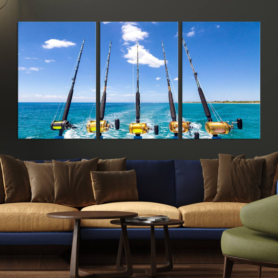 Fishing Rods on Boat Canvas Wall Art Print, Ocean Seascape Art Print