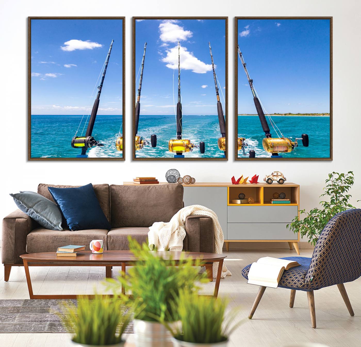 -Fishing Roads on Boat Canvas Wall Art Print Ocean Seascape Art Print