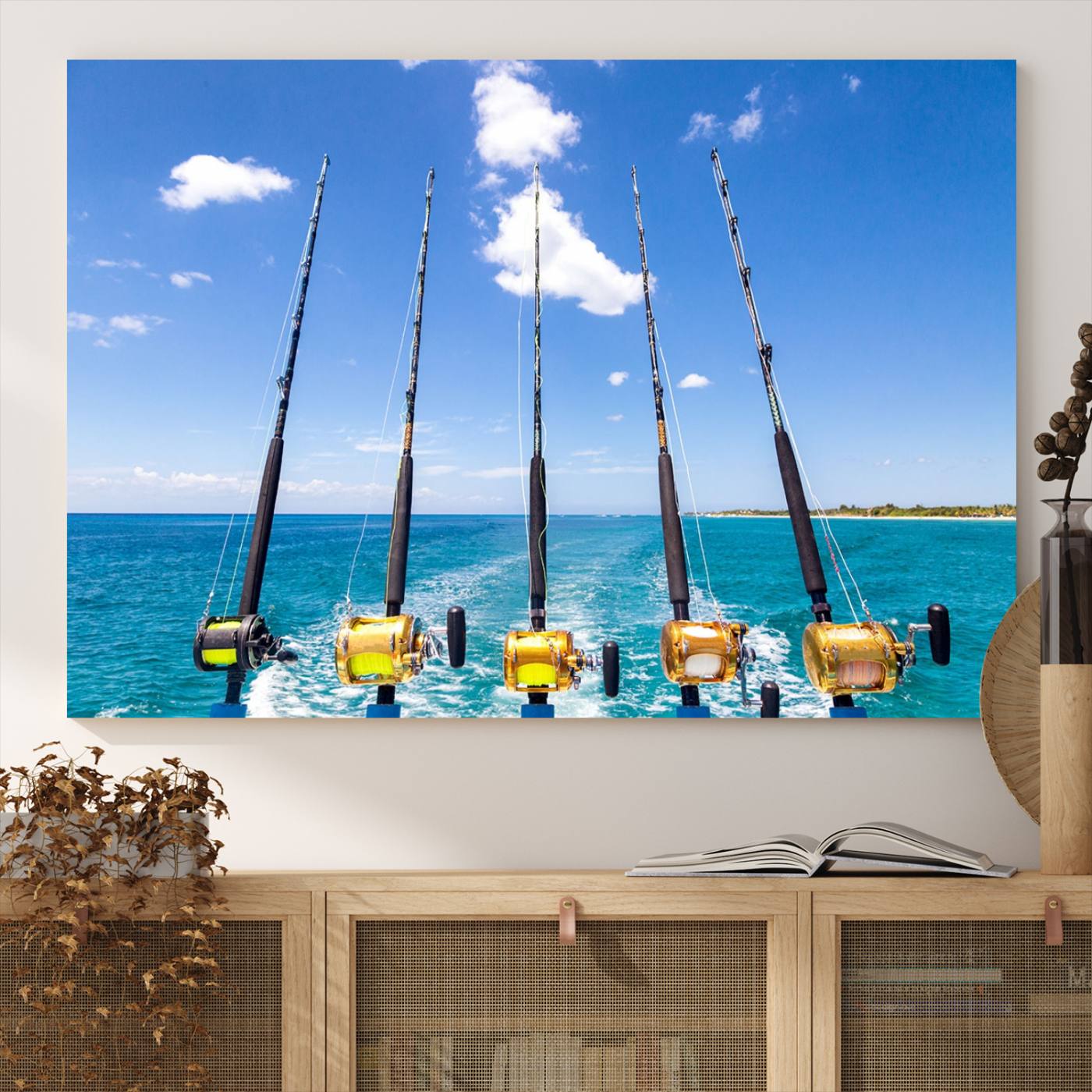 -Fishing Roads on Boat Canvas Wall Art Print Ocean Seascape Art Print