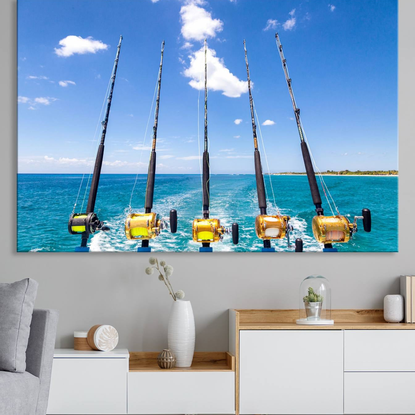 -Fishing Roads on Boat Canvas Wall Art Print Ocean Seascape Art Print