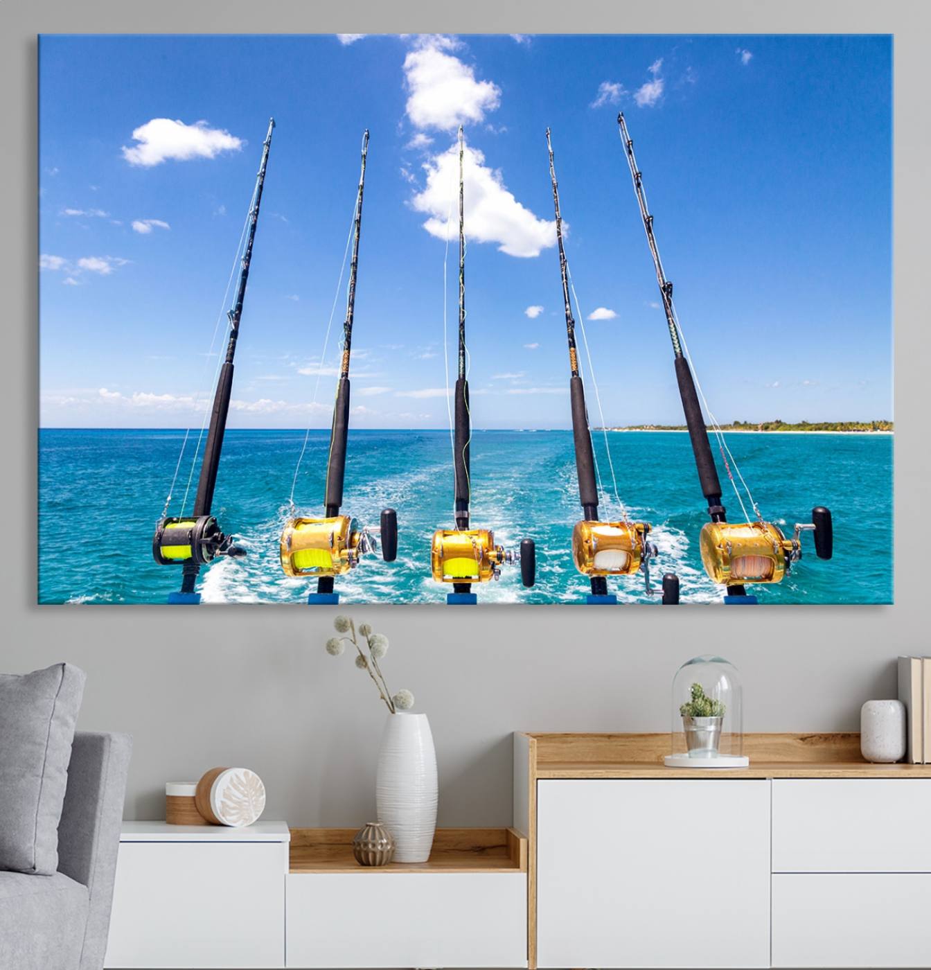 -Fishing Roads on Boat Canvas Wall Art Print Ocean Seascape Art Print