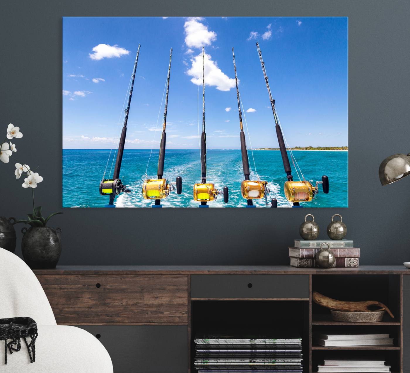 -Fishing Roads on Boat Canvas Wall Art Print Ocean Seascape Art Print
