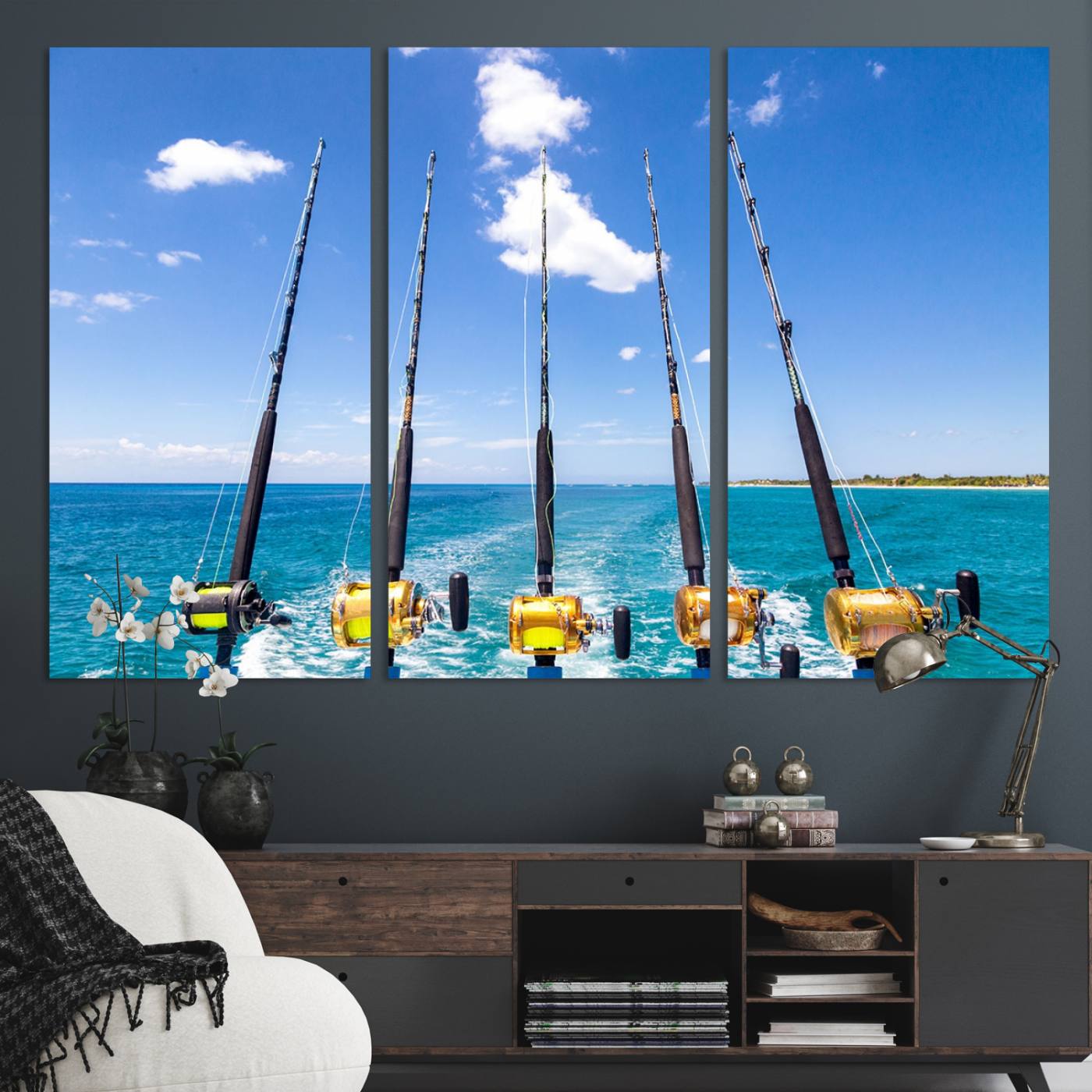 54899-MGV-CV-48X32-3P-Fishing Roads on Boat Canvas Wall Art Print Ocean Seascape Art Print