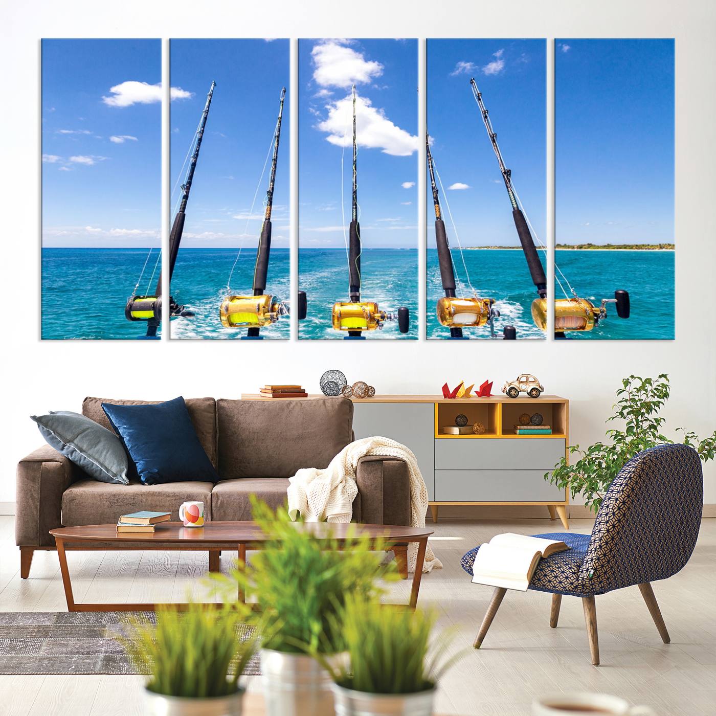 54899-MGV-CV-60X31-5P-Fishing Roads on Boat Canvas Wall Art Print Ocean Seascape Art Print