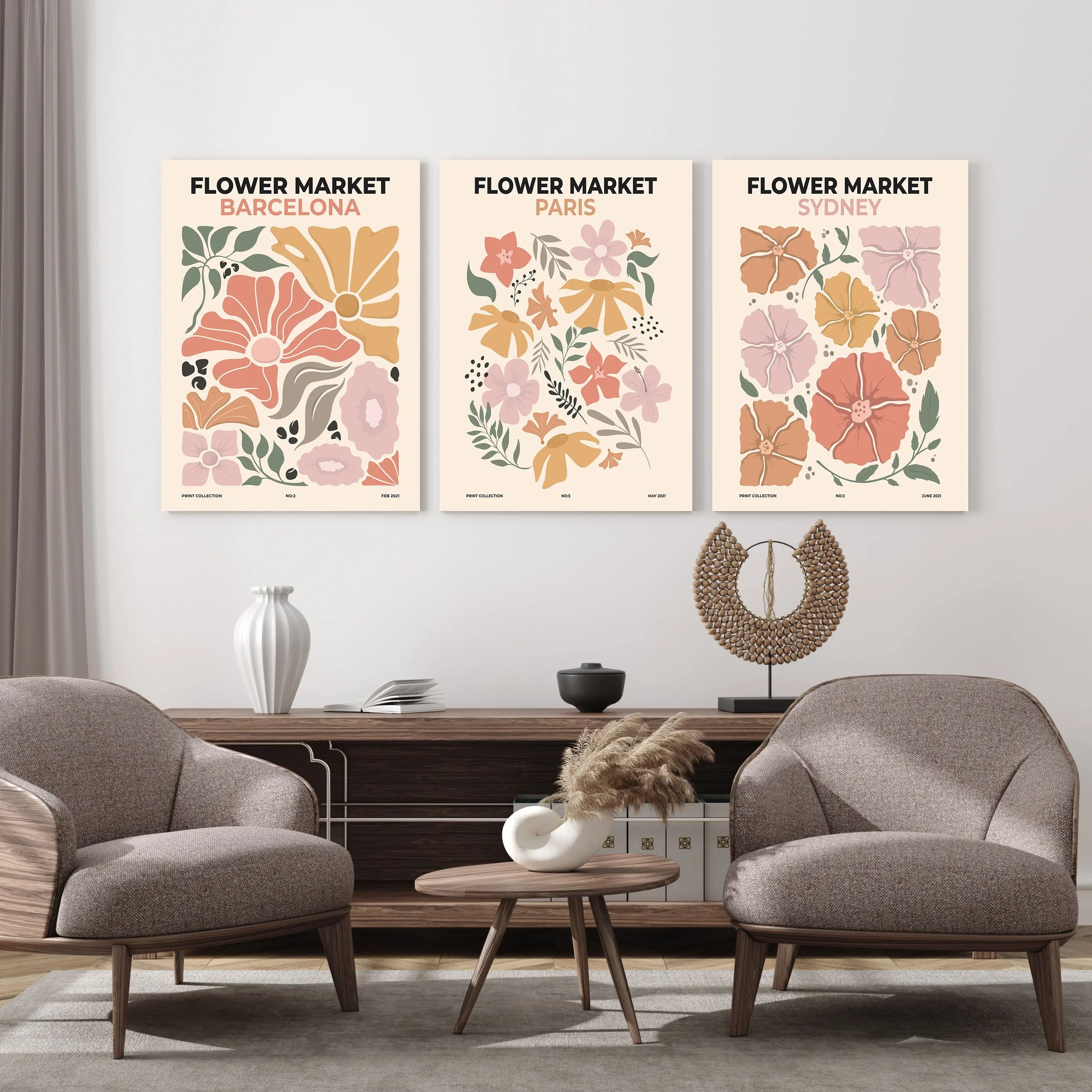 Edit-Images-Flower Market Wall Art Set | 3-Panel Barcelona, Paris, Sydney Prints | Botanical Boho Flower Art