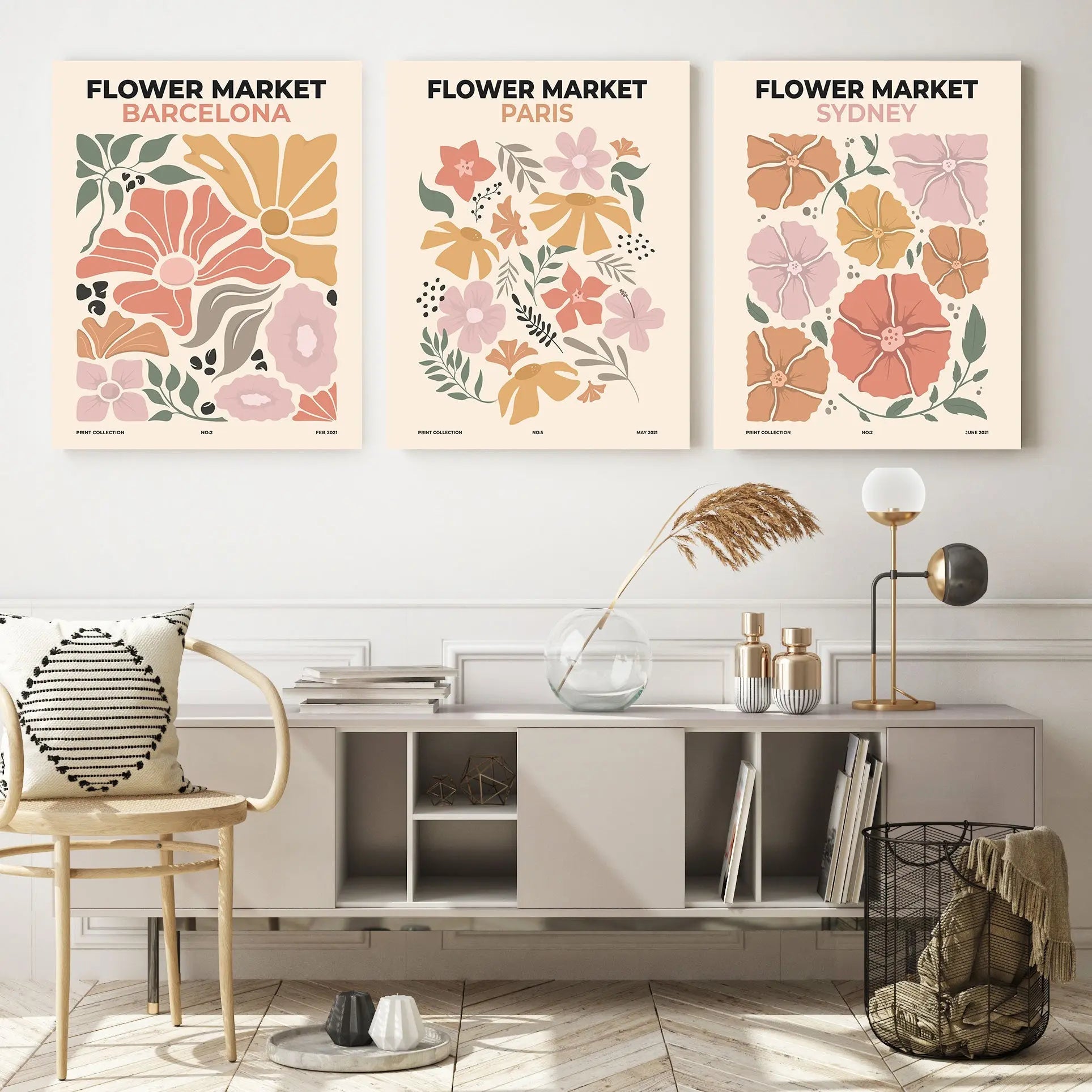 Edit-Images-Flower Market Wall Art Set | 3-Panel Barcelona, Paris, Sydney Prints | Botanical Boho Flower Art