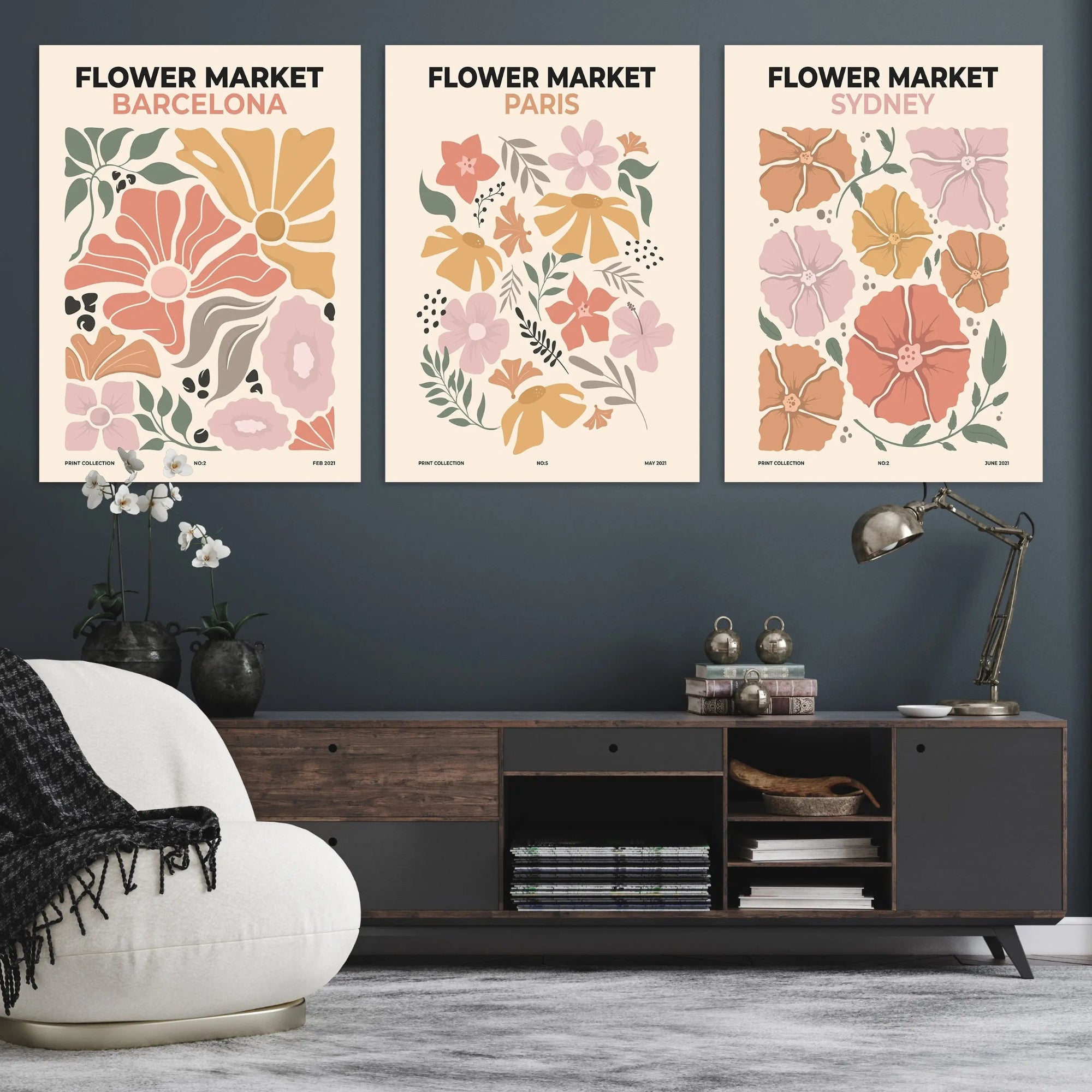 Edit-Images-Flower Market Wall Art Set | 3-Panel Barcelona, Paris, Sydney Prints | Botanical Boho Flower Art