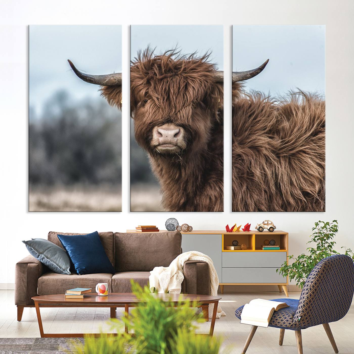 64119-MGV-CV-36X24-Fluffy Highland Cow Photograph Wall Art Canvas, Black And White Cattle Canvas Print
