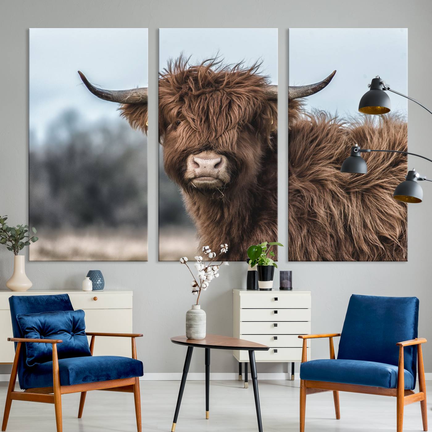 64119-MGV-CV-36X24-Fluffy Highland Cow Photograph Wall Art Canvas, Black And White Cattle Canvas Print