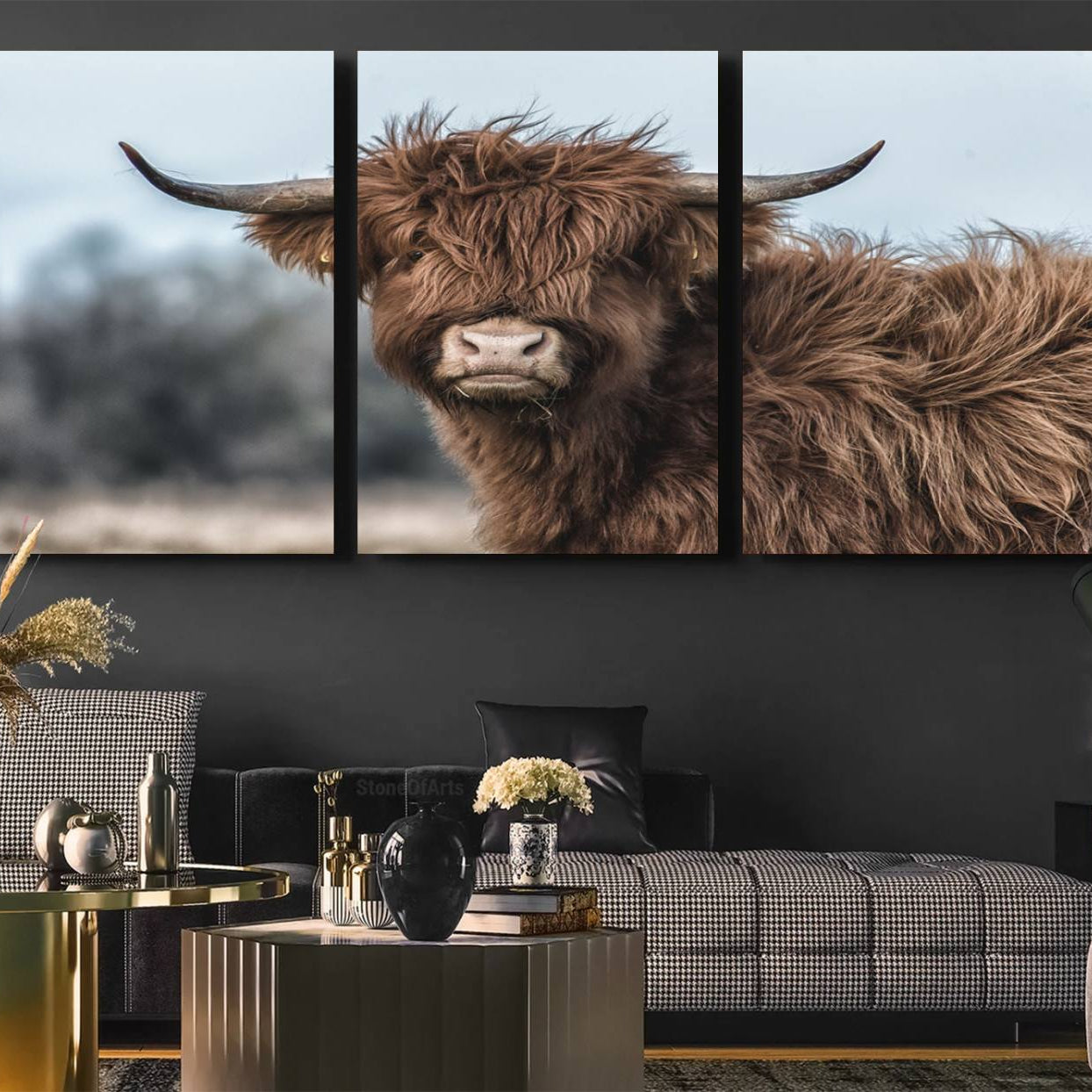 -Fluffy Highland Cow Photograph Wall Art Canvas, Black And White Cattle Canvas Print