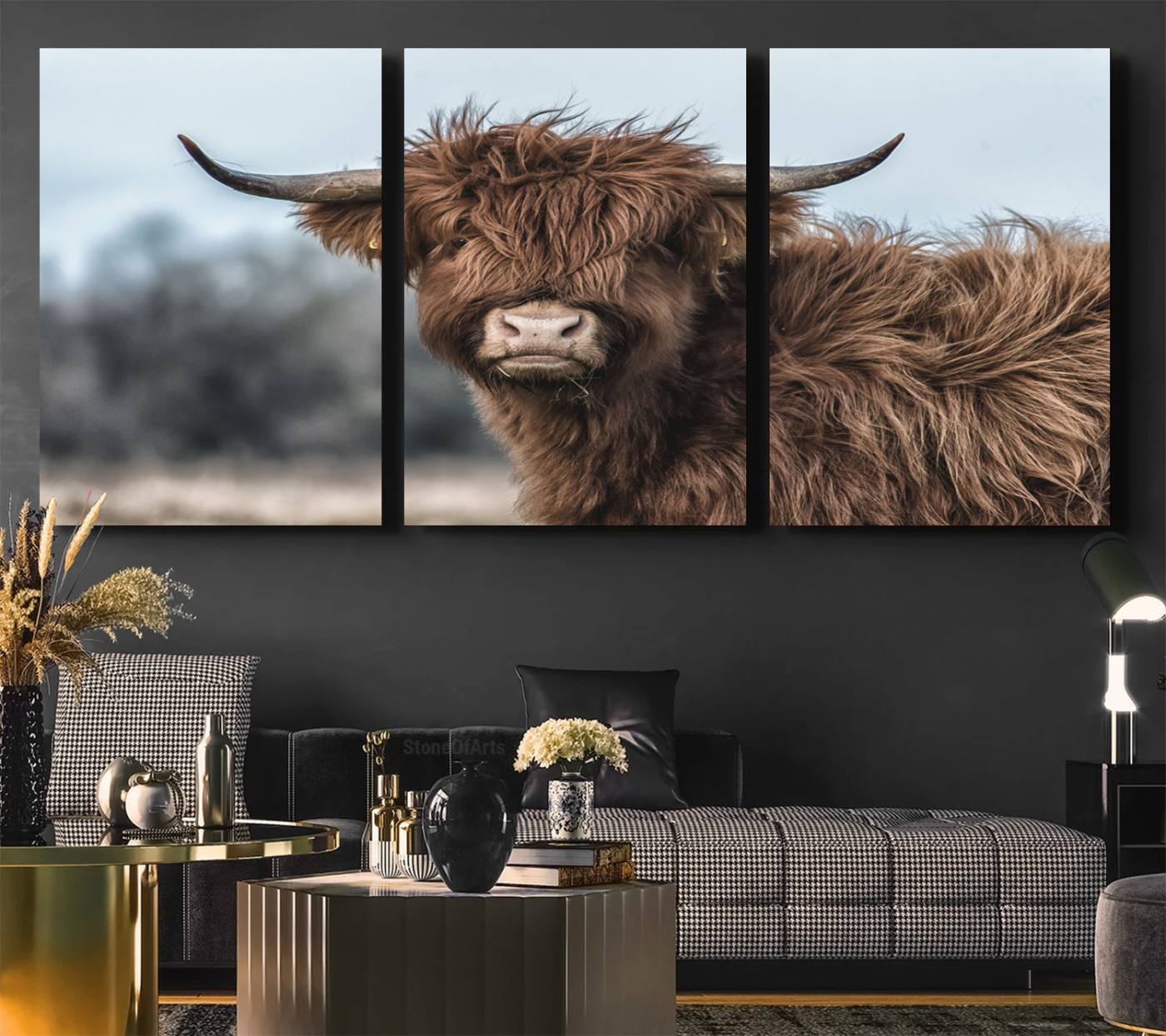 -Fluffy Highland Cow Photograph Wall Art Canvas, Black And White Cattle Canvas Print