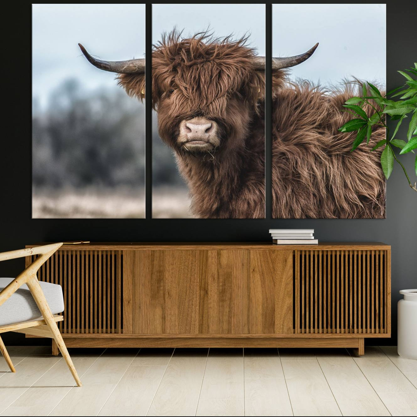 64119-MGV-CV-36X24-Fluffy Highland Cow Photograph Wall Art Canvas, Black And White Cattle Canvas Print