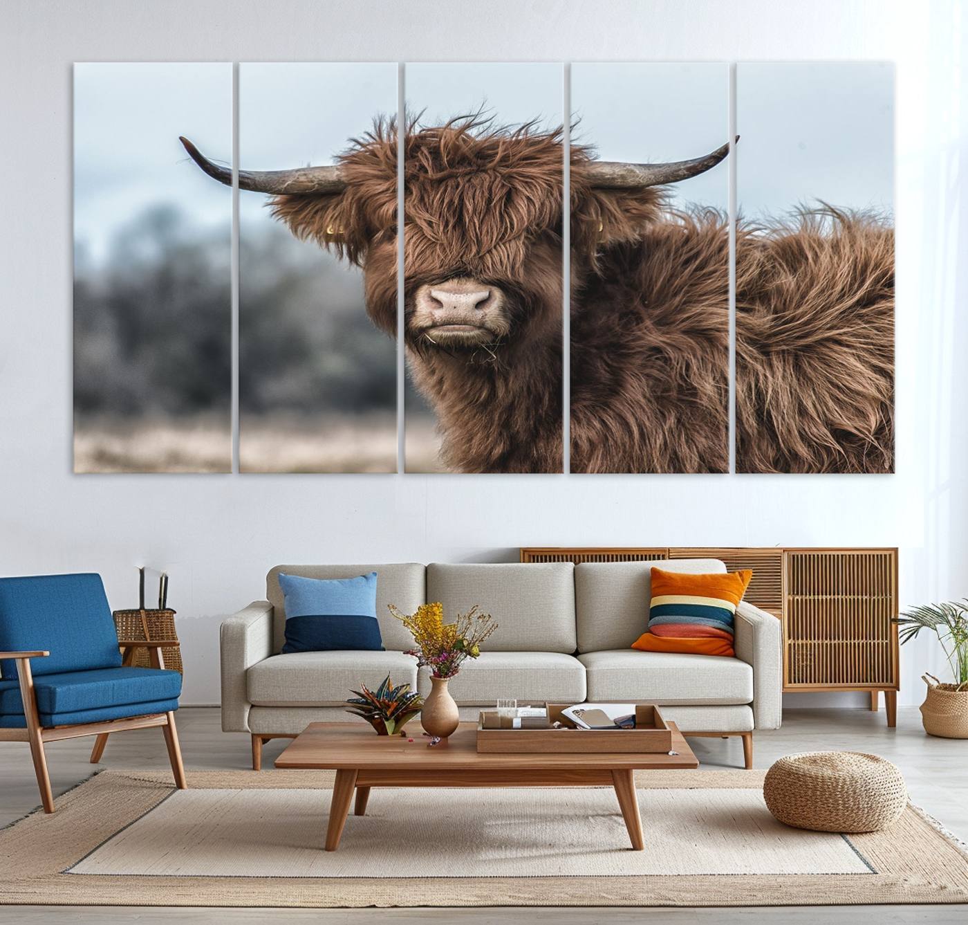 -Fluffy Highland Cow Photograph Wall Art Canvas, Black And White Cattle Canvas Print