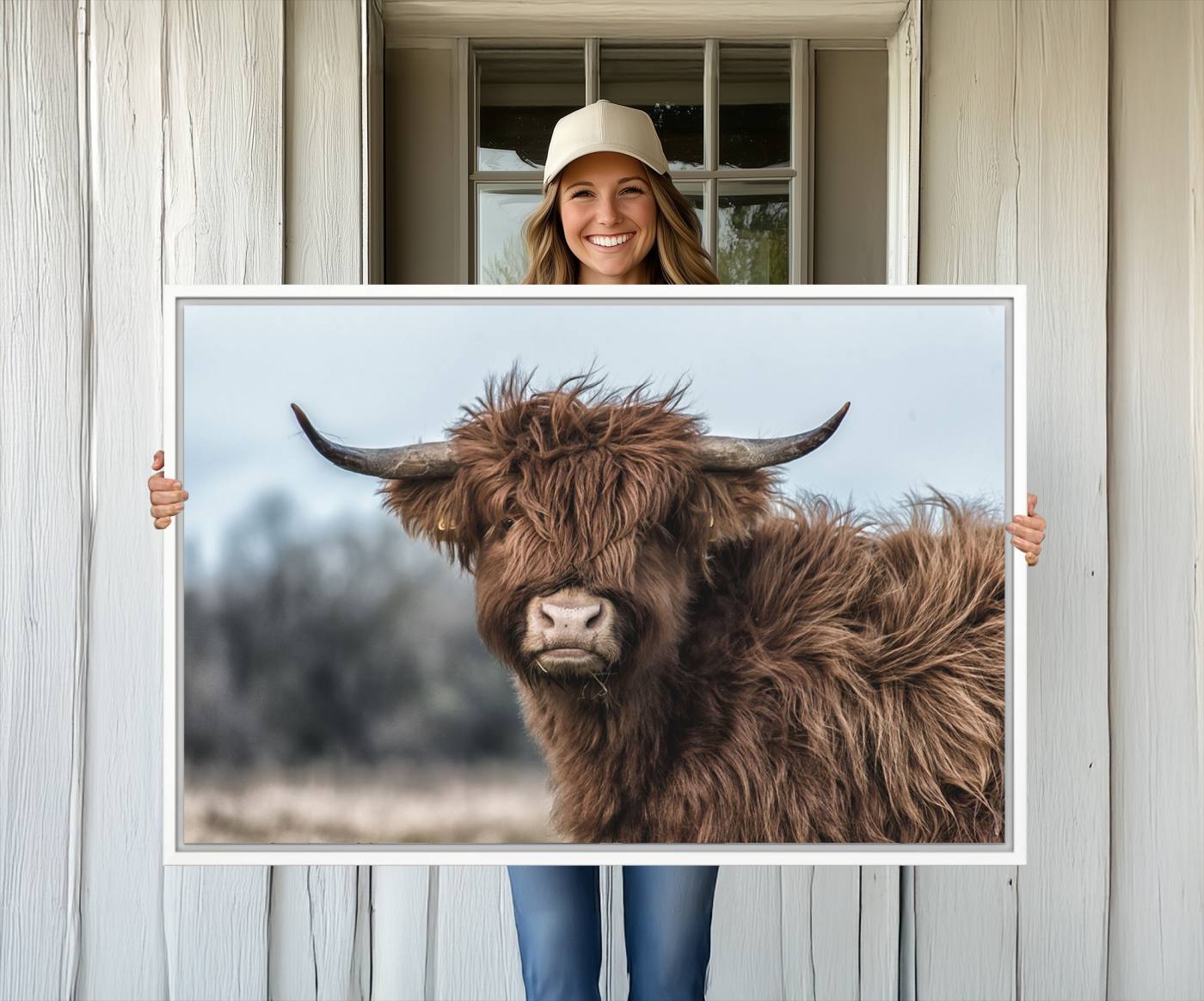 -Fluffy Highland Cow Photograph Wall Art Canvas, Black And White Cattle Canvas Print