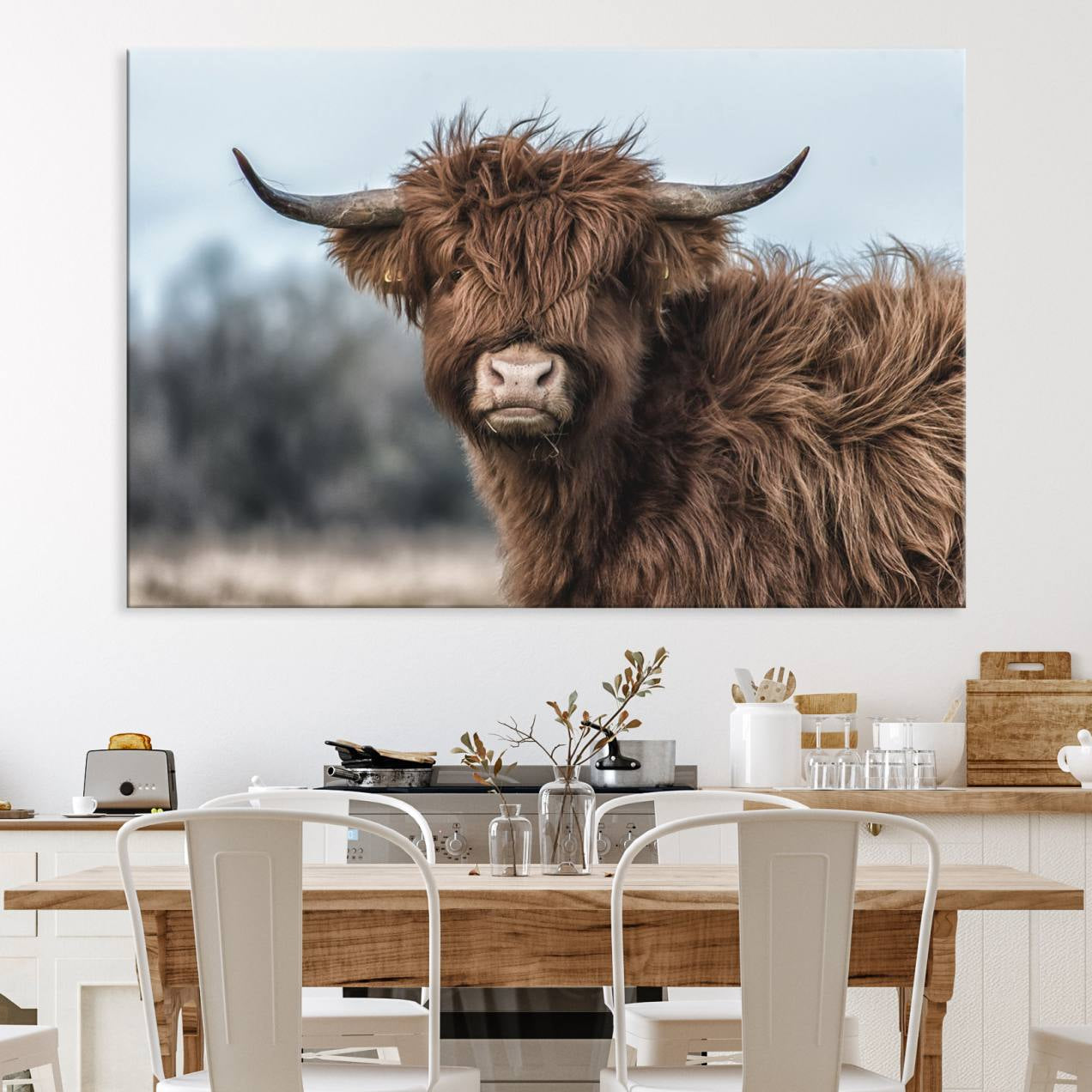 64119-MGV-CV-36X24-Fluffy Highland Cow Photograph Wall Art Canvas, Black And White Cattle Canvas Print