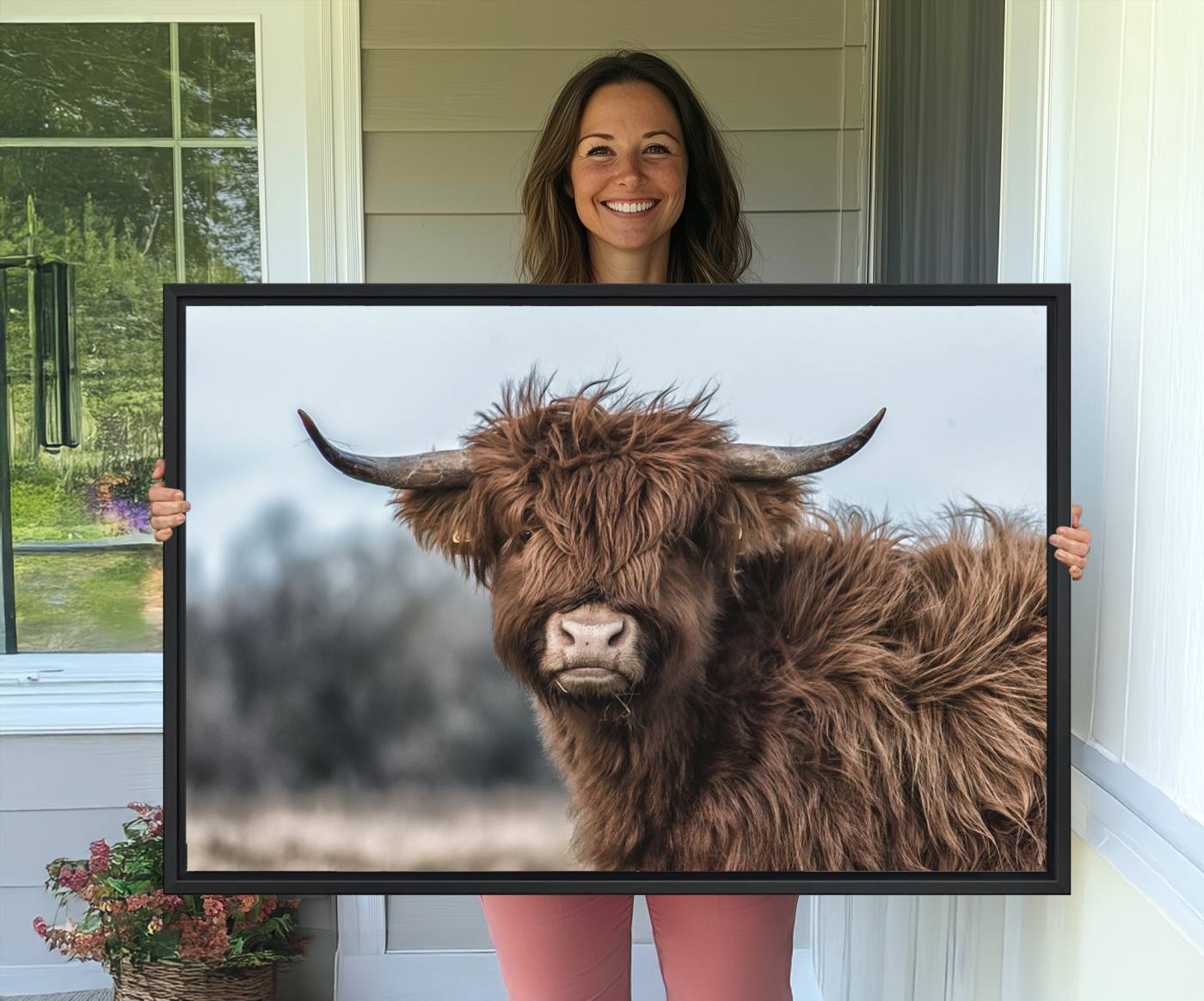 -Fluffy Highland Cow Photograph Wall Art Canvas, Black And White Cattle Canvas Print