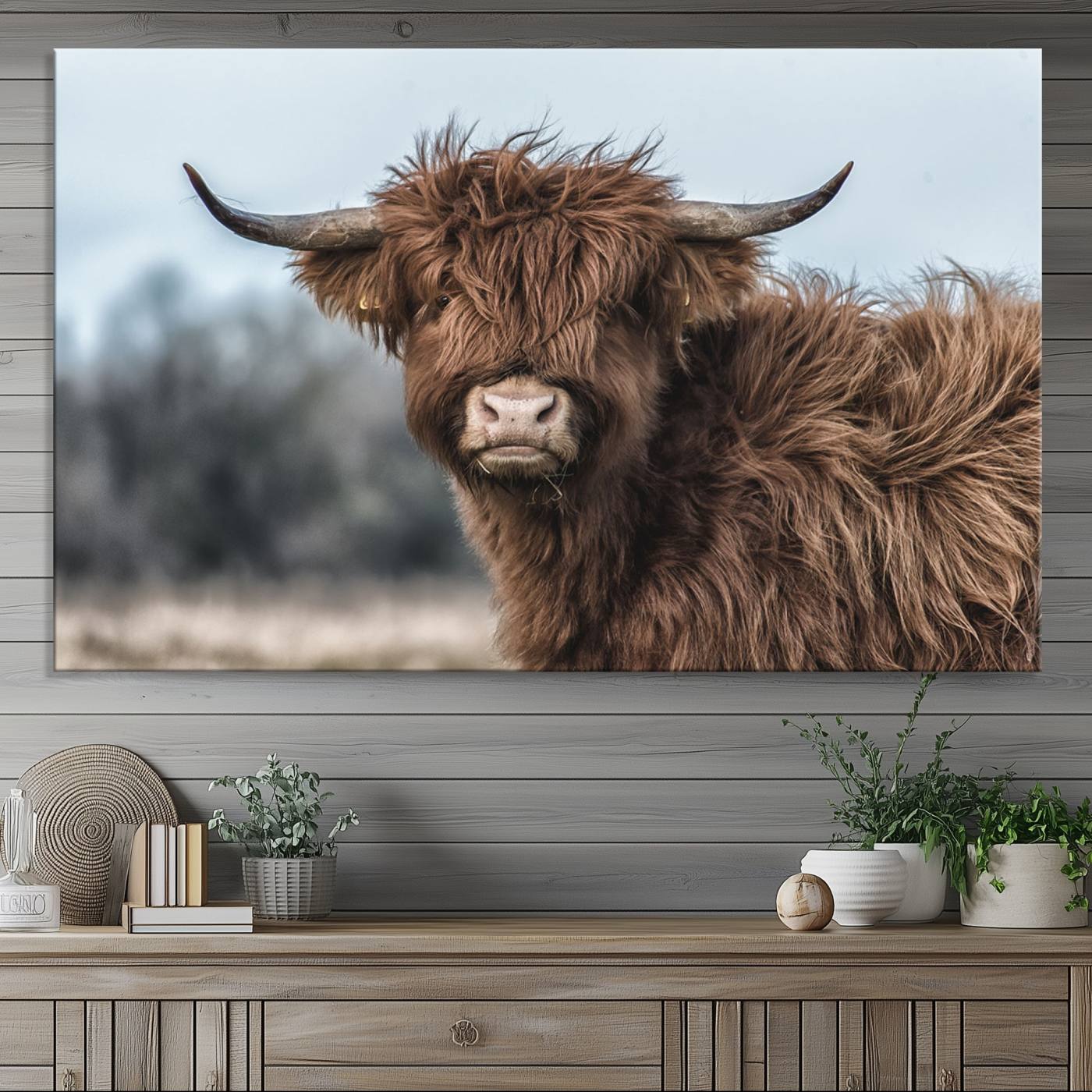 64119-MGV-CV-36X24-Fluffy Highland Cow Photograph Wall Art Canvas, Black And White Cattle Canvas Print