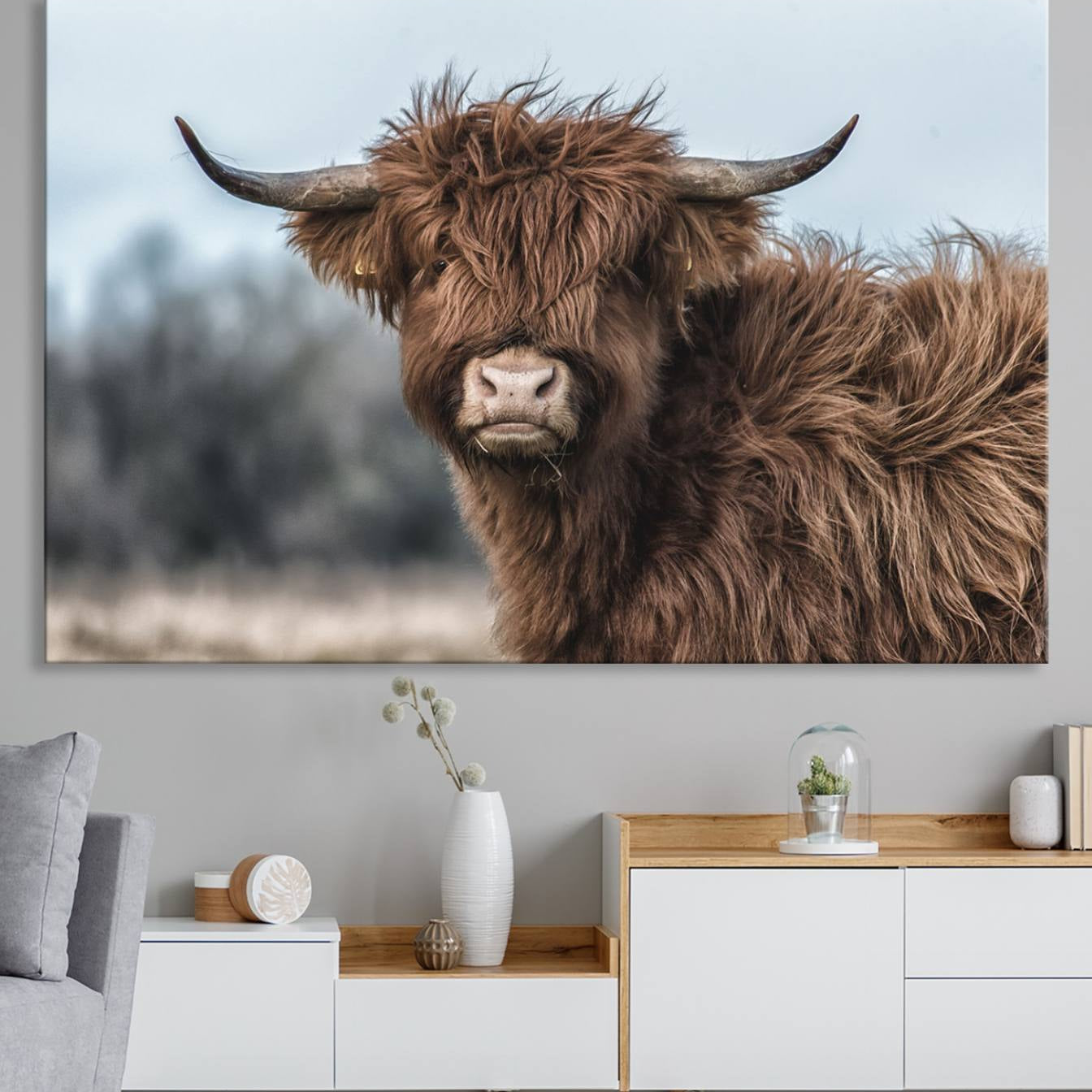 64119-MGV-CV-36X24-Fluffy Highland Cow Photograph Wall Art Canvas, Black And White Cattle Canvas Print