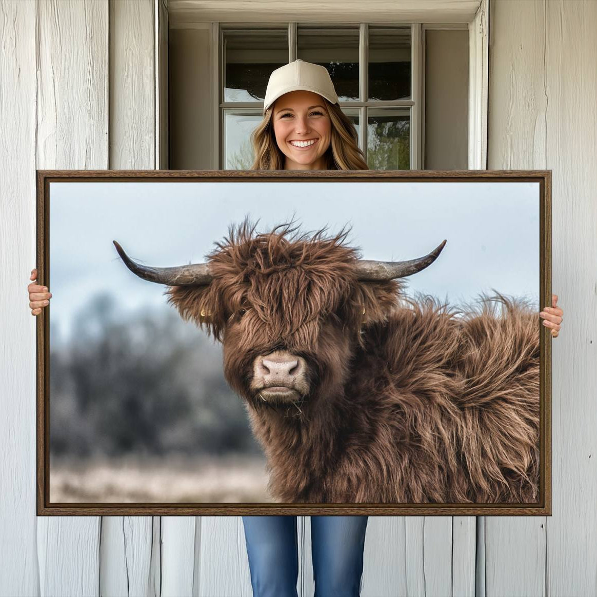 64119-MGV-CV-36X24-Fluffy Highland Cow Photograph Wall Art Canvas, Black And White Cattle Canvas Print