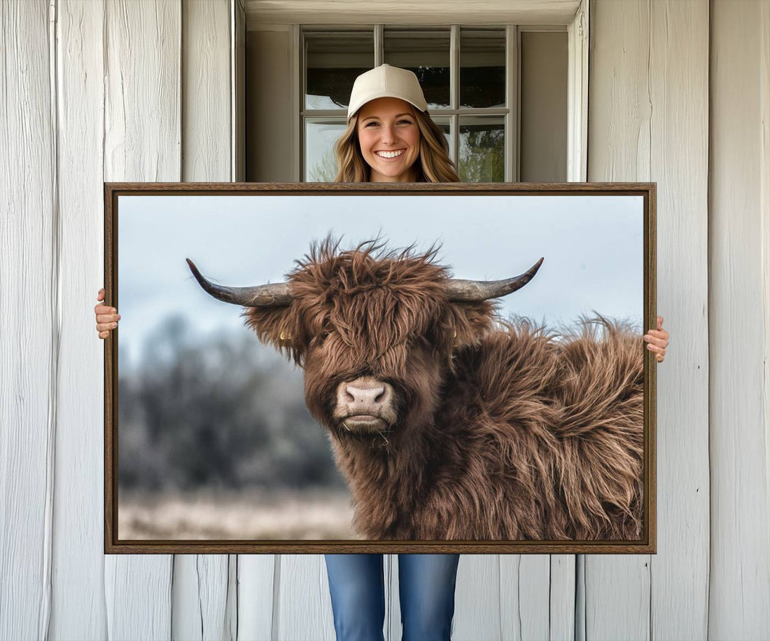 Fluffy Highland Cow Photograph Wall Art Canvas | Black and White Cattle Print