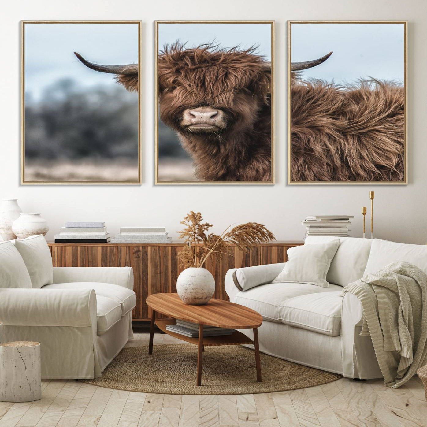64119-MGV-FC-60X30-3P_Natural-Fluffy Highland Cow Photograph Wall Art Canvas, Black And White Cattle Canvas Print