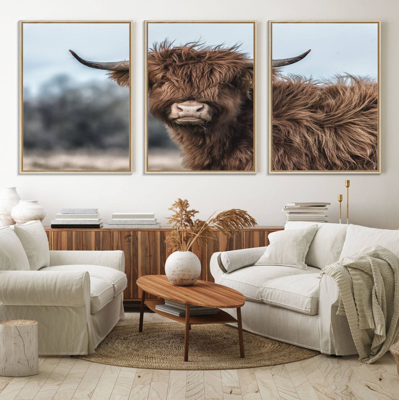 64119-MGV-FC-60X30-3P_Natural-Fluffy Highland Cow Photograph Wall Art Canvas, Black And White Cattle Canvas Print