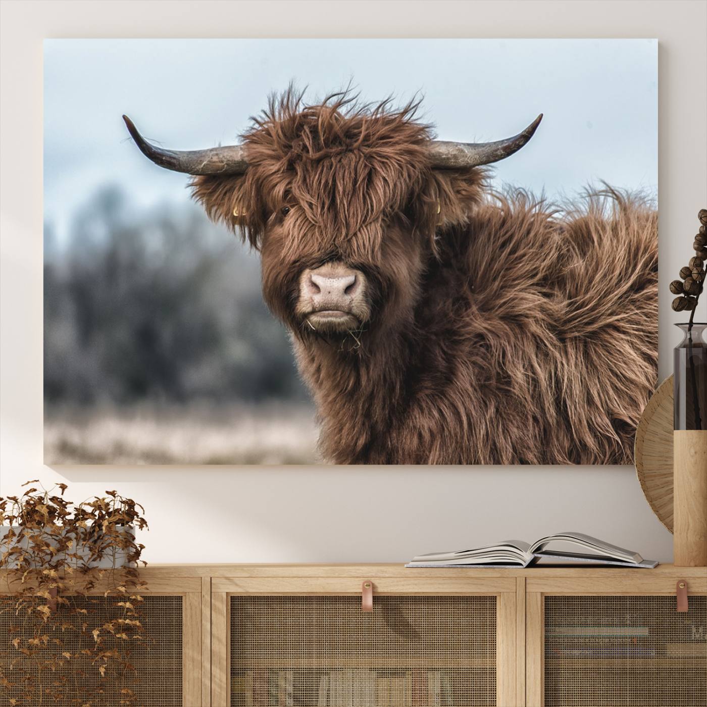 -Fluffy Highland Cow Wall Art Canvas Print