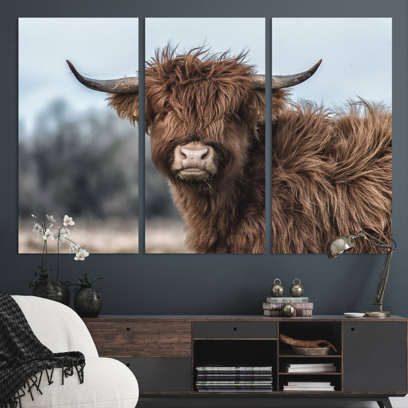 65537-MGV-CV-48X32-3P-Fluffy Highland Cow Wall Art Canvas Print
