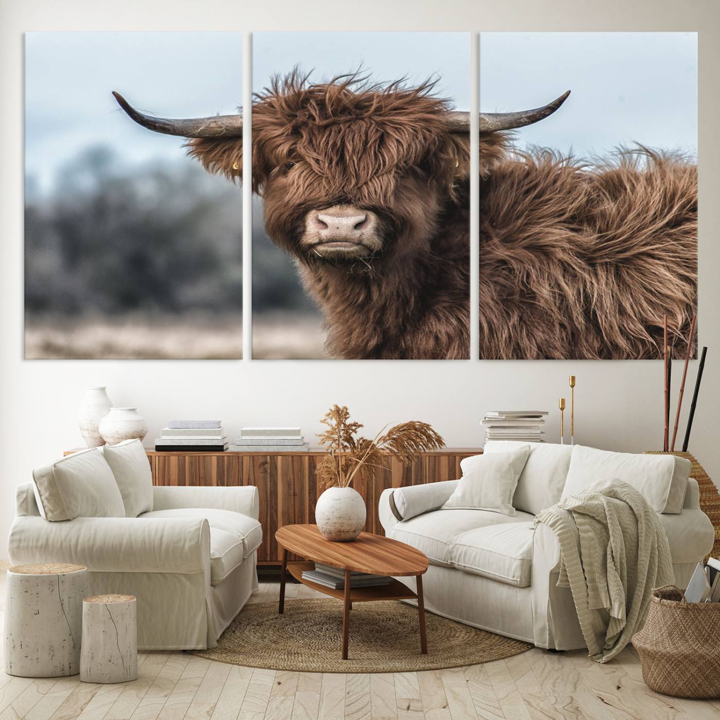 65537-MGV-CV-60X30-3P-Fluffy Highland Cow Wall Art Canvas Print
